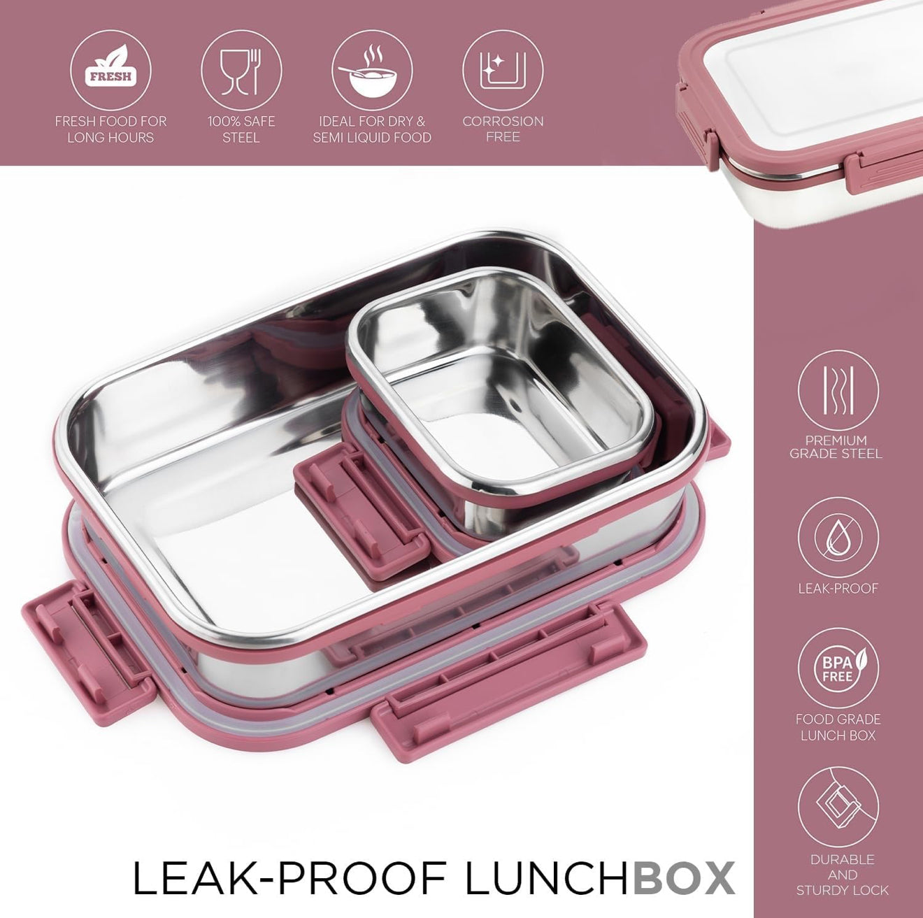 Stainless Steel Insulated Leak-Proof Lunch Box with Unbreakable Lid (1000ML + 200 ML)