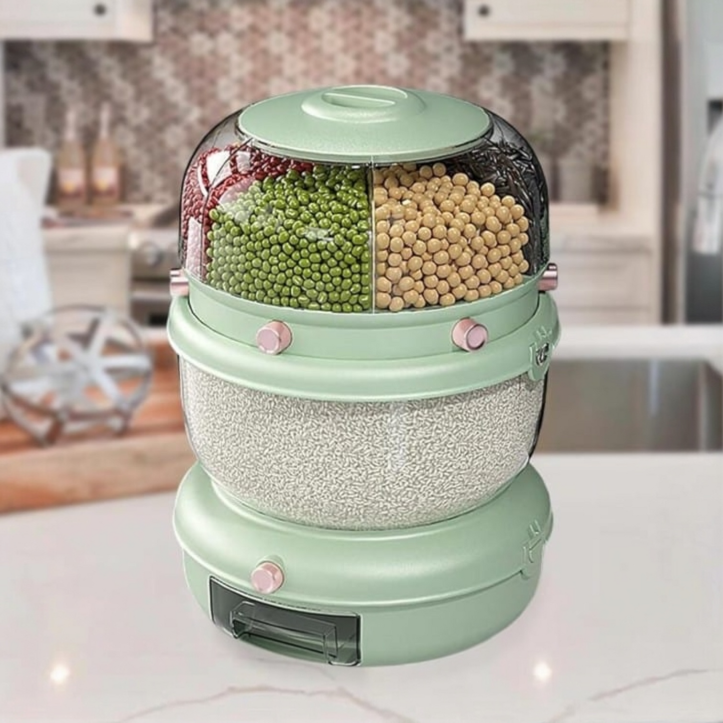 Food Grain Storage Box Organizer Cereal Rice Dispenser Light Green 2 Tier