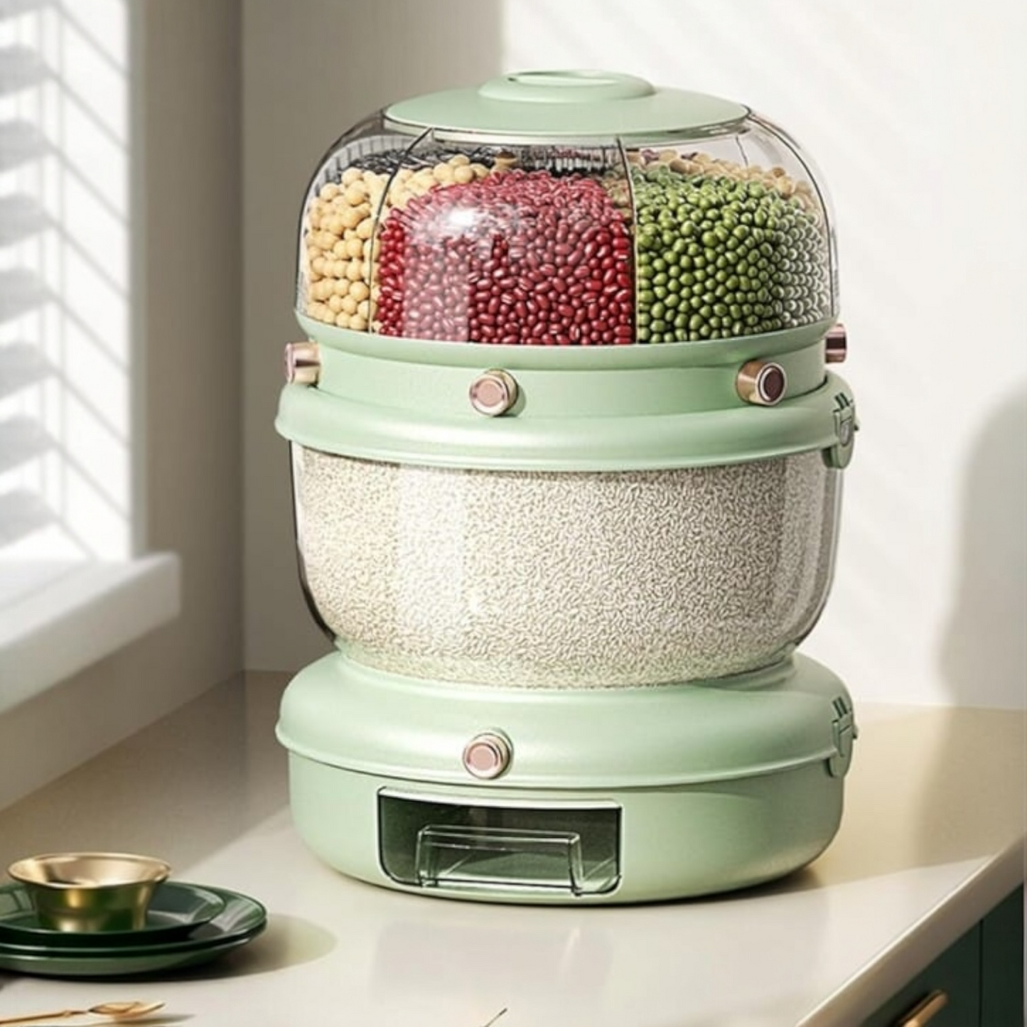 Food Grain Storage Box Organizer Cereal Rice Dispenser Light Green 2 Tier