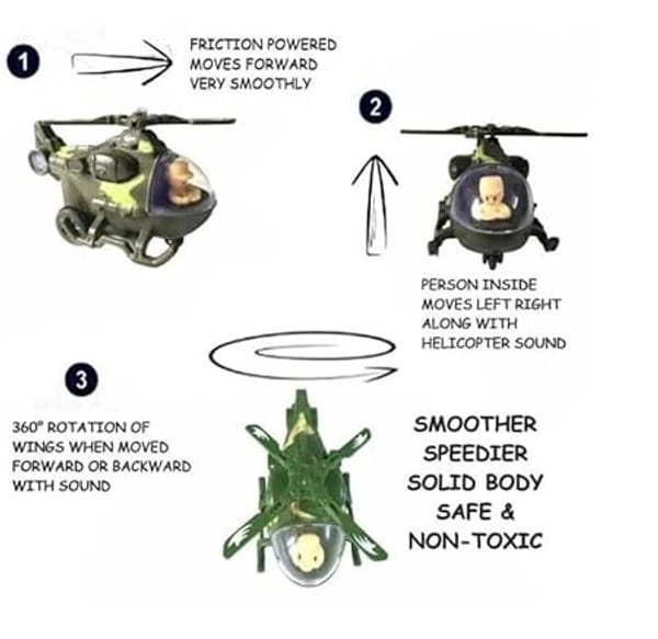 Friction Army Helicopter Toy with Moving Pilot Push and Go