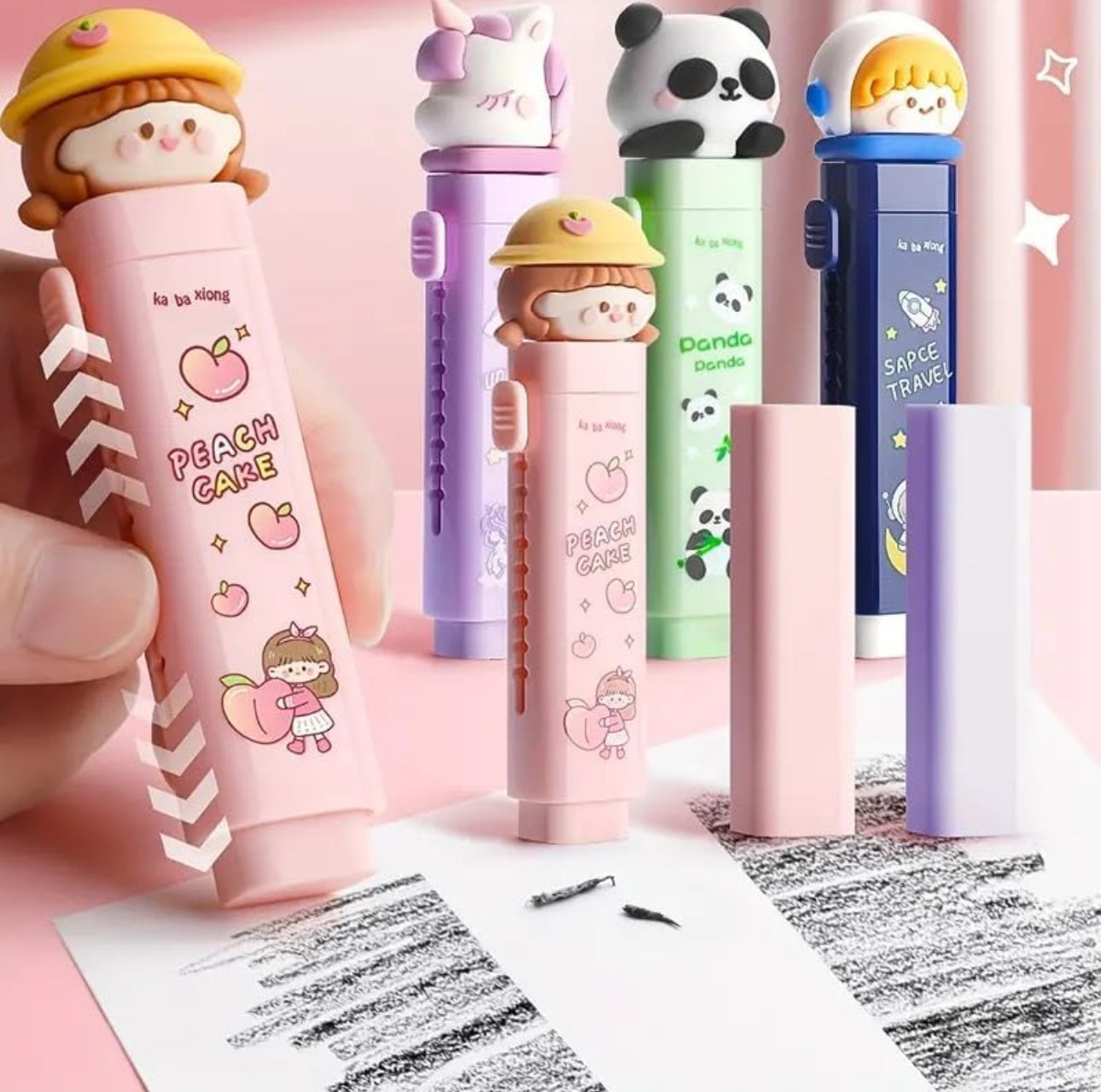 Sliding Retractable Erasers | Cute Cartoon Pattern Erasers for Kids