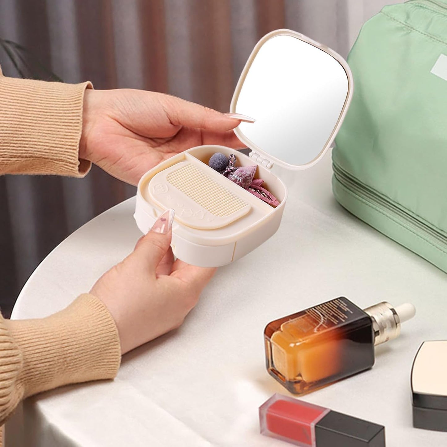 Portable Makeup Storage Box with Mirror & Comb