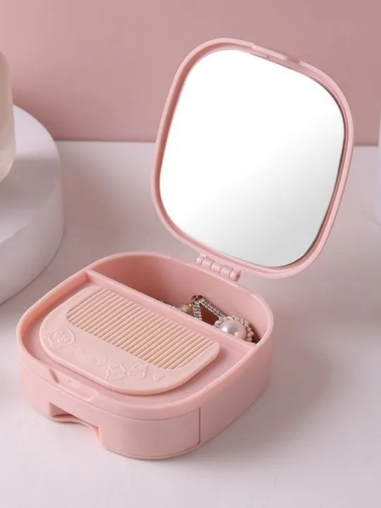 Portable Makeup Storage Box with Mirror & Comb